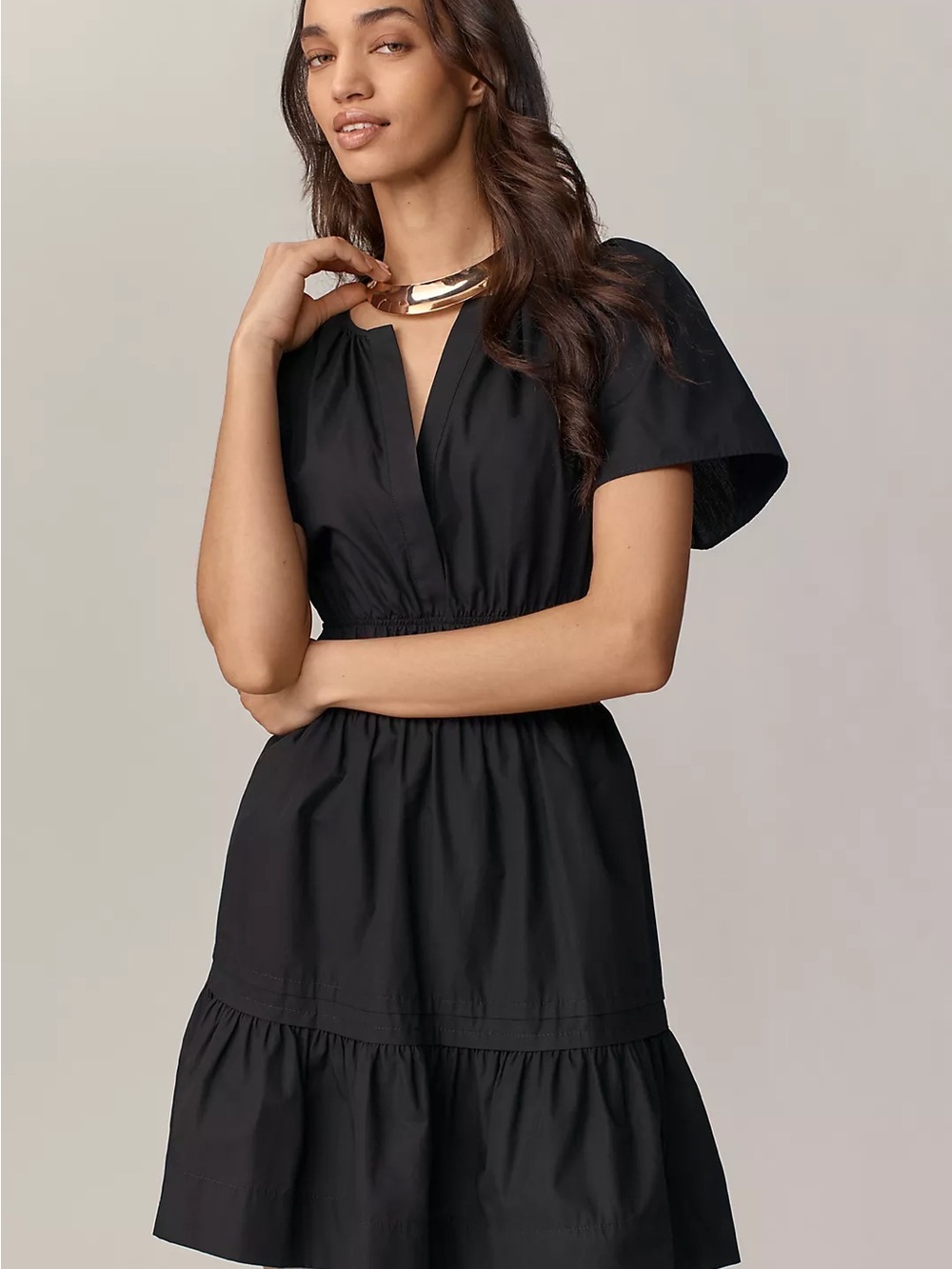 Anthropologie Somerset Mini Dress Womens Medium Black Shirred Waist V-Neck - Picture 2 of 11